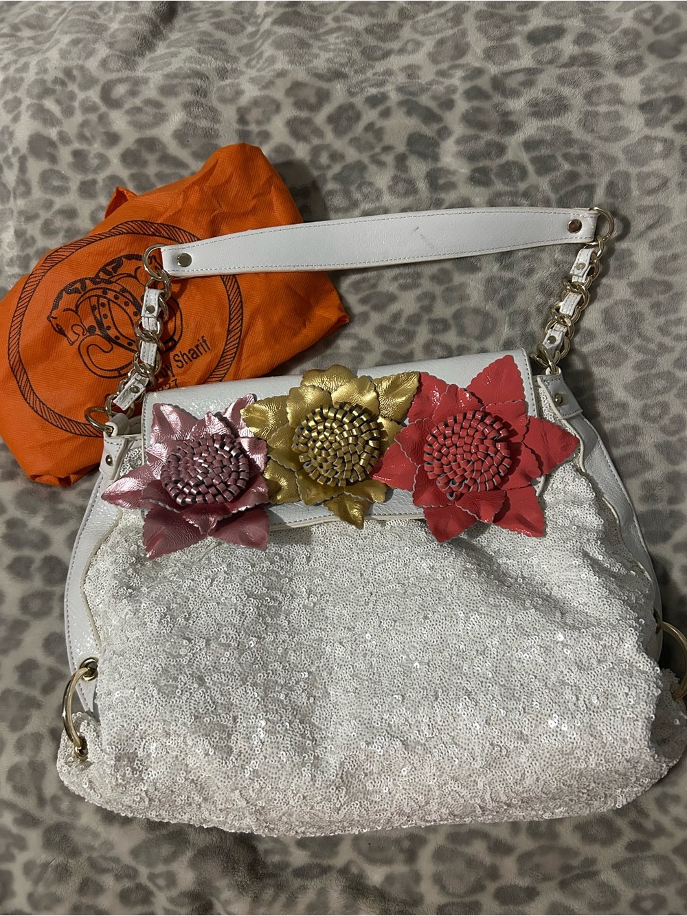Vintage Sharif White Sequin Floral Appliqué Shoulder Bag